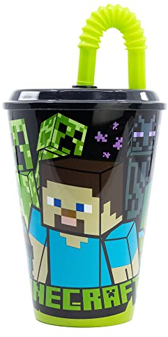 Bicchiere in plastica Mojang Minecraft per bambini da 430 ml, senza BPA, riutilizzabile e lavabile, con cannuccia e coperchio