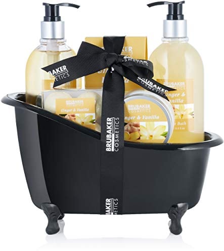 BRUBAKER Cosmetics Bade-Geschenkset Ingwer Vanille mit Deko Badewanne Schwarz 9-teilig