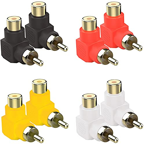 Greluma 8 Piezas de conectores RCA Macho a RCA Chapados en oro, Adaptadores en ángulo Recto de 90 Grados (4 Colores)