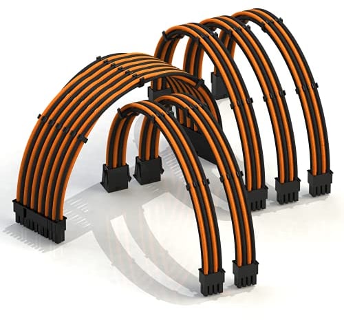 LINKUP - AVA 30cm Cable con Manguito - Prolongación de Cable para Fuente de Alimentación con Kit de Alineadores -Compatible con RTX3090|1x24P(20+4) MB| 2x8P(4+4) CPU| 3x8P(6+2) GPU|300mm Naranja Negro