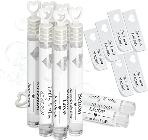 Bl4ckPrint 24er Set Seifenblasen Röhrchen personalisierbar Hochzeit - Liebe ist in der Luft - Herz Seifenblasen mit Seifenblasenflüssigkeit - Hochzeits Geschenk - Herz Seifenblasenbehälter