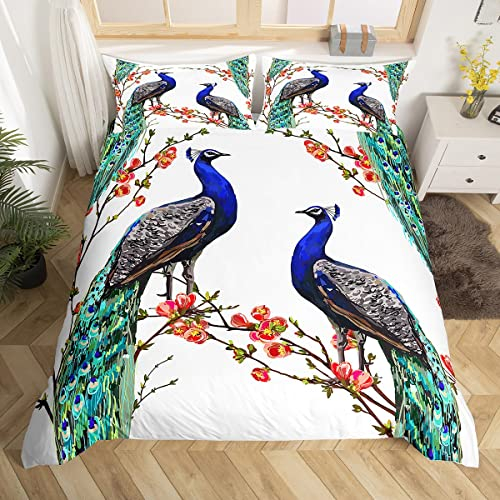 Loussiesd Pfau Bettwäsche Set 135x200cm Tier Thema Bettbezug Set Für Kinder Jugendliche Pfauenfedern Design Betten Set Rot Blumen Hell Schlafzimmer Dekor 2St