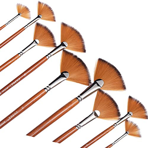 Artist Fan Paint Brushes Set,9 Pcs Professional Soft Anti-Shedding Fan Brush for Acrylic Oil Watercolor Gouache Painting Kits with Long Handle Nylon Hair