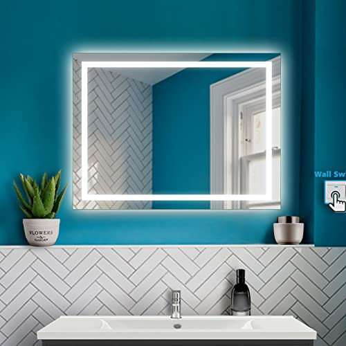 HAPAOSO Badspiegel mit Beleuchtung 50x70 Wandschalter Beschlagfrei Badezimmerspiegel mit Kaltweiss Beleuchtung LED Wandspiegel IP44 Energiesparend
