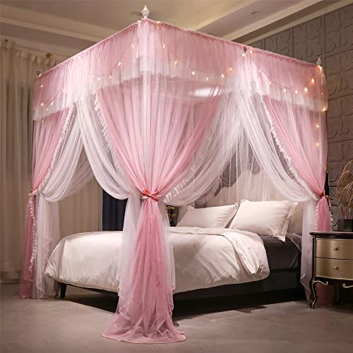 VETHIN 4 Ecken Pfosten Rüschen Prinzessin Bett Baldachin Vorhang, 4 Öffnungen Moskitonetz für Mädchen Erwachsene Schlafzimmer Dekoration (Rosa/Weiß, 198.1 cm Bx218.4 cm Lx208.3 cm H) King-Size-B
