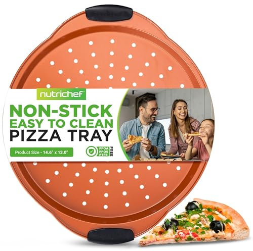 NutriChef Teglia per Pizza 33 cm Antiaderente in Acciaio al Carbonio con Fori, Manici in Silicone, Teglia Forno Rotonda, Rame, Lavabile Lavastoviglie