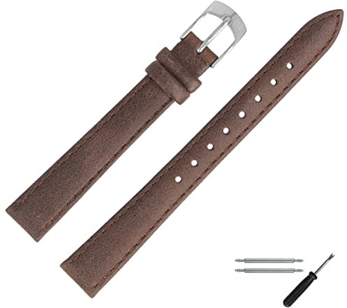 MARBURGER Uhrenarmband 12mm Leder Braun Silber Mit Naht - Montage Set 7711230000120