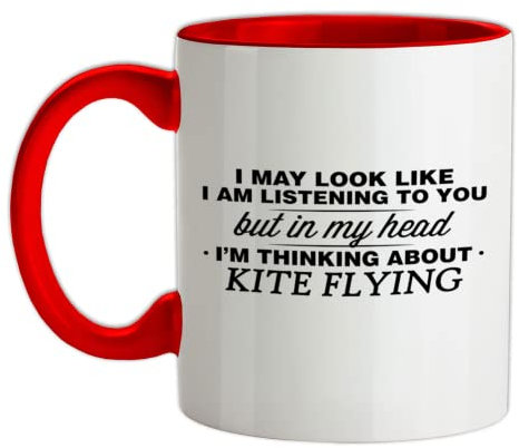 in My Head I'm Thinking About Kite Flying - 11oz - Ceramic Two-Tone Mug for Coffee/Tea - Red/White - One Size