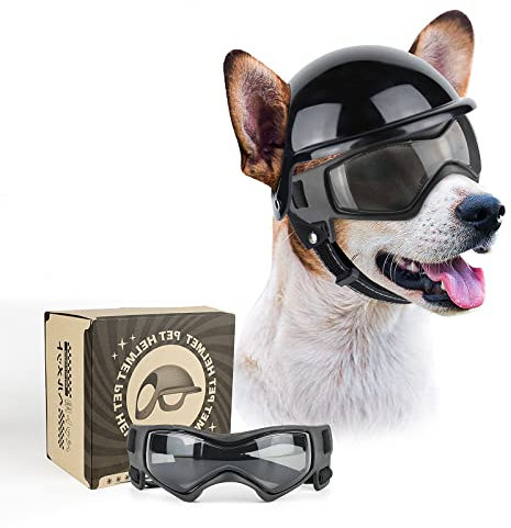 PETLESO Hundebrille mit Helm, Hundehelm und -Brille 2 Stück Set für kleine und mittlere Hunde - Schwarz