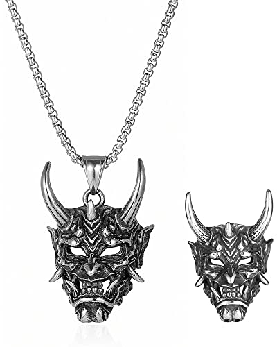 JKJF 2 Stück Teufel Maske Anhänger Halskette Ringe Set Gotik Schädel Halskette Hip Hop Punk Rock Totenkopf Kette Vintage Biker Halskette für Herren - Silber