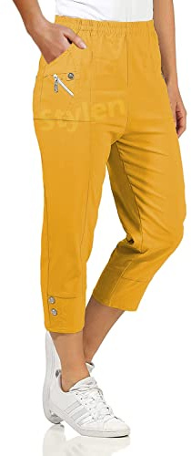 URBAN STITCH Womens Capri Trousers Ladies Three Quarter Soft 3/4 Cropped Pants UK Ladies Stretch Pull on Trousers Elasticated Waist Plus Size Summer Shorts (16, Mustard)