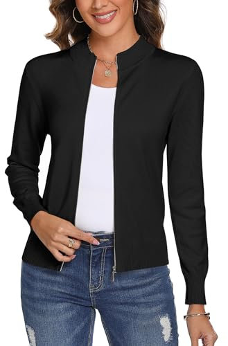 Aottori Cárdigan Negro para Mujer Manga Larga de Punto Suéter Cardigans Elegante Casual Cremallera Chaqueta Outwear Negro S