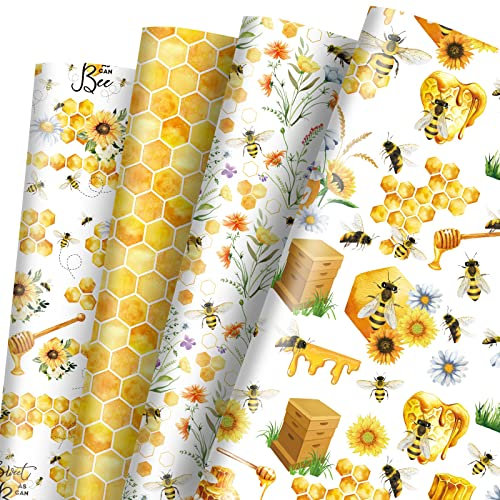 Whaline 12 Blatt Geschenkpapier mit Bienenmotiv, 4 Stile, Aquarell, Honeybee-Muster, Geschenkpapier, Waben, Biene, Sonnenblume, Kunstpapier für Frühling, Sommer, Urlaub, Handwerk, 49.7x70 cm