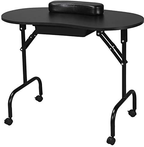 Yaheetech 37-inch Foldable Nail Table - Portable Manicure Beautician Station w/Lockable Wheels for Spa Beauty Salon, Black