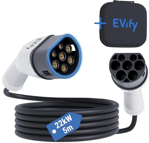EVify Typ 2 Ladekabel 22kW 5M 32A für Elektroauto & Hybrid inkl. Kabeltasche • Kabel 3 phasig für EV PHEV • geeignet für alle E Autos Modell 3 S X Y, ID3, ID4, ID5