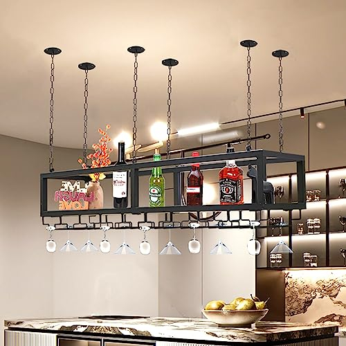 Botellero Soporte Para Copa de Vino Colgante, Estante de Techo Industrial, Decoración de Botellas de Altura Ajustable, Para Bar, Restaurante, Cocina (160cm)