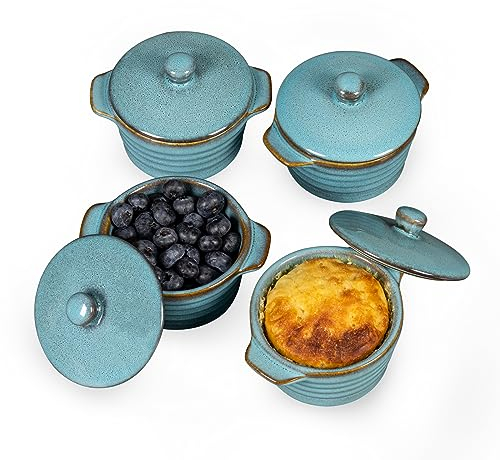 HENXFEN LEAD Mini Cocottes en Grès, 230ml Ramequins Soufflés avec Couvercle, Lot de 4 Petits Ramequins Crème Brûlée, Bleu réactif