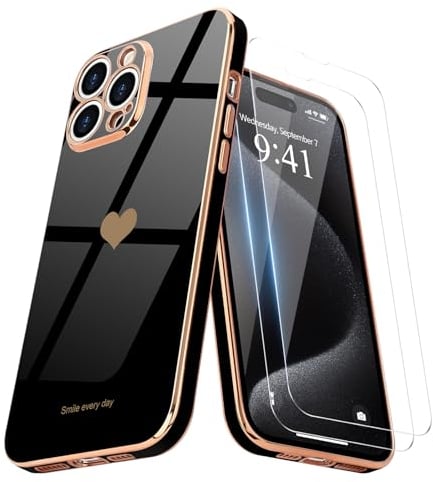 Teageo Kompatibel mit iPhone 15 Pro Max Hülle + 2 Stück Schutzfolie, Mädchen Herz Hülle Galvanisierte Weich TPU Kameraschutz Kratzfest Schutzhülle für iPhone 15 Pro Max, Schwarz