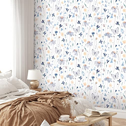 CRE8TIVE Aquarell Fototapete Blumen Schmetterling Tapete für Kinder 61cm x 300cm Klebefolie Weiß Selbstklebend Tapete Schlafzimmer Schrankfolie Fototapete Wohnzimmer Folie für Möbel Badezimmer