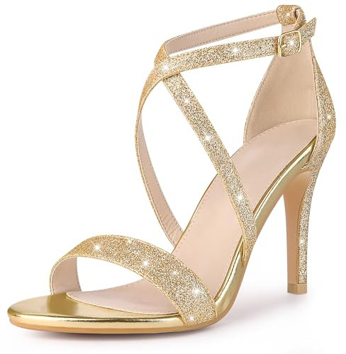 Perphy Women Glitter Crisscross Strappy Stiletto Heels Sandals with Buckle | 3.7-inch ABS heels. Comfortable fit. Crisscross straps with buckle. Great for parties, weddings, dates.