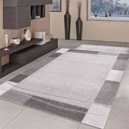 Taracarpet Moderner Kurzflor Designer-Teppich für Wohnzimmer Schlafzimmer und Kinderzimmer Bordüre Grau 120x160 cm