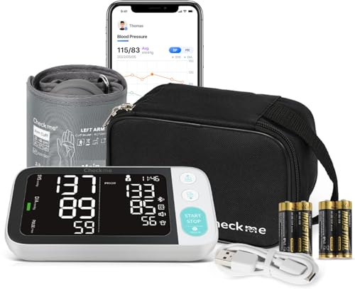 CheckMe Blutdruckmessgerät Oberarm mit Großem Bildschirm für vergleichbare Ergebnisse, Blutdruck Messgerät Bluetooth mit Arrhythmie-Erkennung, auch für Schwangere & Diabetiker, 22-45cm