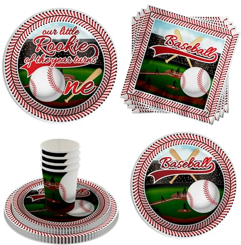 Rookie Year Baseball 1. Geburtstag Party Supplies 64-teiliges Geschirr-Set enthält große 22,9 cm Pappteller, Dessertteller, Tassen und Servietten, Set für 16 Personen
