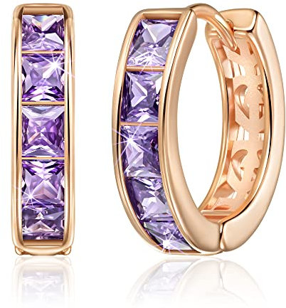 Linawe Hoop Earrings Rose Gold, Purple Earrings for Women Trendy, Amethyst Cubic Zirconia Rhinestone Helix Small Hoop Huggie Earrings