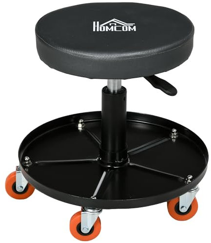 HOMCOM Workshop Stool, Rolling Mechanic Stool with Pneumatic Adjustable Height, 360 Degree Swivel, Padded Seat, Tool Tray, for Garage, Workshop, Auto Repair