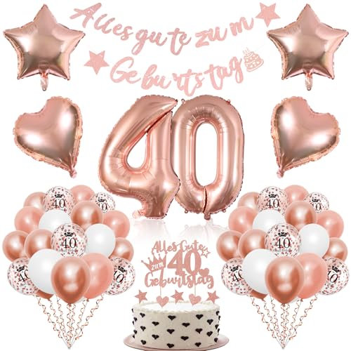 40 Geburtstag Frauen, 40. Geburtstag Frauen Rosegold, Geburtstagdeko 40 Jahr mit Alles Gute zum Geburtstag Girlande Banner Tortendeko, Zahlen Luftballon, Konfetti Ballons