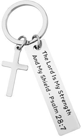 Enkrio Porte-clés en forme de croix chrétienne avec verset biblique inspirant « The Lord Is My Strength and My Shield » - Cadeau religieux pour anniversaire, Noël, Pâques, Argenté, Medium