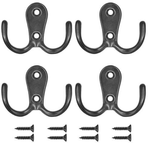 LICQIC Double Prong Robe Hooks, Dual Coat Door Hooks, Double Hook for Hanging Robe, Towel, Coat, Bag, Hat (Black, 4 Pcs)