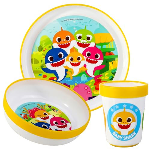 Baby Shark 3pcs Reusable Bicolor Premium Kids Dinner Tableware Set Plate, Bowl & Tumbler, BPA Free
