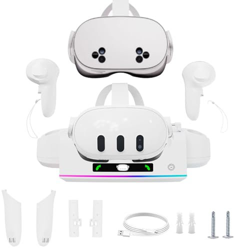 Dock di Ricarica Compatibile con Meta Quest 3s/Quest 3, Supporto di Ricarica per Headset e Controller VR, Stazione di Carica VR per Accessori Oculus Quest 3/3S, per Scrivania e Parete