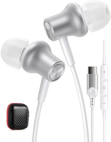 iMangoo Wired USBC Headphones Ergonomic in Ear Buds for iPhone 17 Air 16 16e 15 for iPad Pixel 10 9 9a Galaxy S25 S24 Ultra USB C Type Earbuds Earphones with Microphone for Laptop Office Work Silver