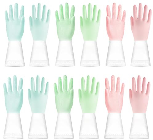 SITAKEGS Washing Up Gloves 6 Pairs Kitchen Cleaning-Glove Dishwashing Glove | 3 Colors Reusable Long Rubber Gloves Anti-slip Waterproof Gloves for Household Garden Chores Laundry Weeding Cleaning