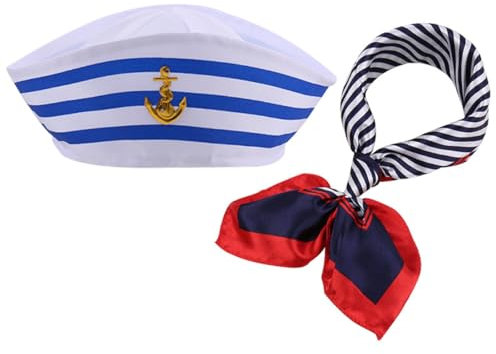 BOBOZHONG Kapitän Matrosen Kostüm Set,Matrosen Hut Marine,Matrosenmütze und Schal,Matrosenschiff-Kappe Yacht-Kapitänskappe,marineblaues Outfit,Zubehör für Damen und Herren