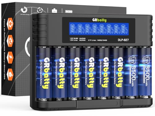 GRbatty 8 x AA Rechargeable Batteries Lithium, 1.5V 3500mWh, LCD Charger | 1500 cycles, For TV remotes, wall clocks, alarm clocks, torches, fairy lights, LED candles, weather stations, thermometers