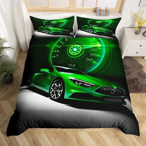 ZZTBQ Grün Sportwagen Bettwäsche 155x220 3teilig Rennwagen Kinderbettwäsche 1 Bettbezug 155x220 cm + 2 Kissenbezüge 80X80 cm, Extreme Sport Thema Bettwäsche-Sets Polyester Mikrofaser