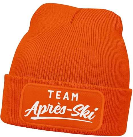 MoonWorks® Herren Beanie mit Patch Strickmütze Skifahren Party Skiurlaub Spruch Aufdruck Lustig Mütze Männer Orange Unisize