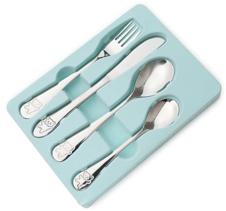 4 Piece Kids Cutlery Set | Bear Engraved Toddler Cutlery (Knife, Fork, Spoon & Teaspoon) | Children Cutlery Set for Safe & Harmless Dinning | Stainless Steel Baby Cutlery (Pack of 4)