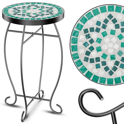 KESSER® Mosaiktisch Bistrotische Blumenhocker Rund 60 x 34 cm Metall Mosaik Beistelltisch Balkontisch Gartentische Terrassentisch Balkon Steinmosaik Garten Gartentisch Indoor Outdoor, Jade