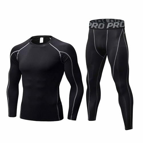 LNFINTDO Mens Workout Compression Set Long Sleeve Shirt and Pants Thermal Underwear Winter Warm Athletic Base Layer, Blk Grey Line, S