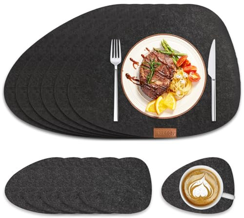 Tischset Platzset of 12er Set Filz Tischset Abwaschbar Platzsets,6er Filzuntersetzer Platzdeckchen+6er Glas Untersetzer,Grau