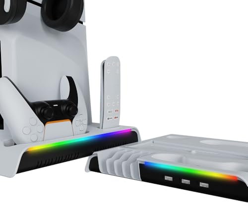 Ladeständer für PS5 Slim, Kühlerlüfter, Dual-Controller, Ladestation, Headset-Halterung, Display-Ständer, stabile Aufbewahrungsbasis mit RGB-Licht für PS5 Slim Zubehör