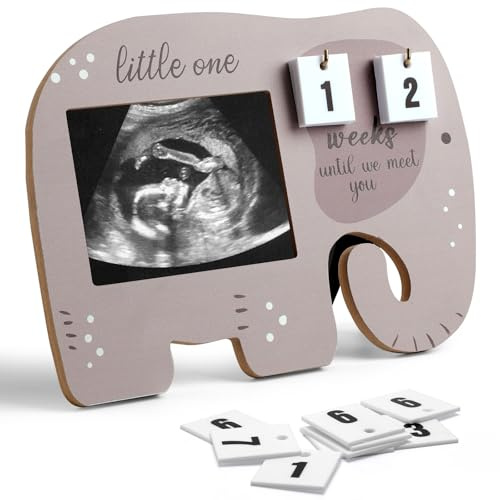 ZEEYUAN Baby Scan Bilderrahmen mit Elefant Schwangerschaft Ankündigung Geschenke Baby Sonogramm Bilderrahmen Countdown Wochen Holz Foto Mama to be Schwangerschaft Geschenke