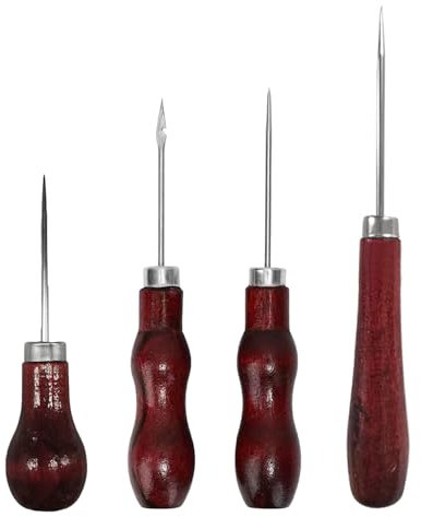 4-Piece Set Awl with Wooden Handle Carving Knife Punch Leather Spikes Needle Leather Sewing Kit for Sewing or Repair Punch Holes Leather Fabrics
