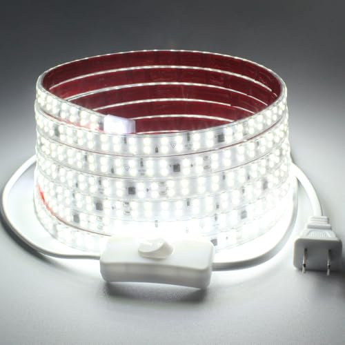 pcning SMD 2835 LED Streifen 230V Direktanschluss 5M Kaltweiss 240 leds/m | Sehr Hell Lichtleiste , LED Selbstklebend Strip mit Schalter , 5 Meter IP65 Wasserdicht Lichtstrip , 6000K Kaltweiß