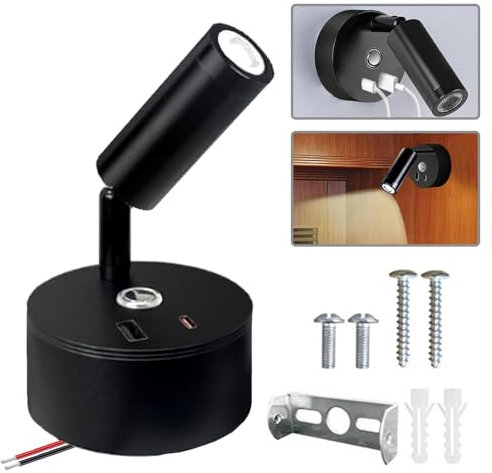 Spot 12V LED Camping Car,Lampe de Chevet Murale,Liseuse Murale avec USBC-Touchez le Panneau de Commande-Applique Liseuse 3 Effets de Lumière,Peut être Tourné,Convient pour Chevet, Camping-Car ou Yacht