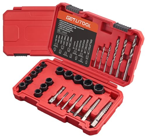 GETLITOOL 27PZ Corredo di Bussole per Rimozione Bulloni Viti con Valigetta, Include 19 Estrattori per Dadi Bulloni Danneggiati e Viti Rotte, 6 Punte Elicoidali HSS, Adattatore 3/8 a 1/4 e Punzone